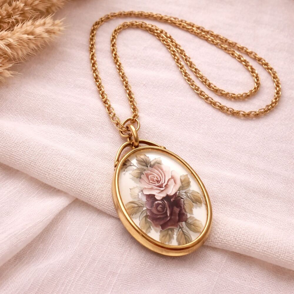 Vintage Romantic Pink and Purple Roses Picture Cameo Style Pendant Necklace